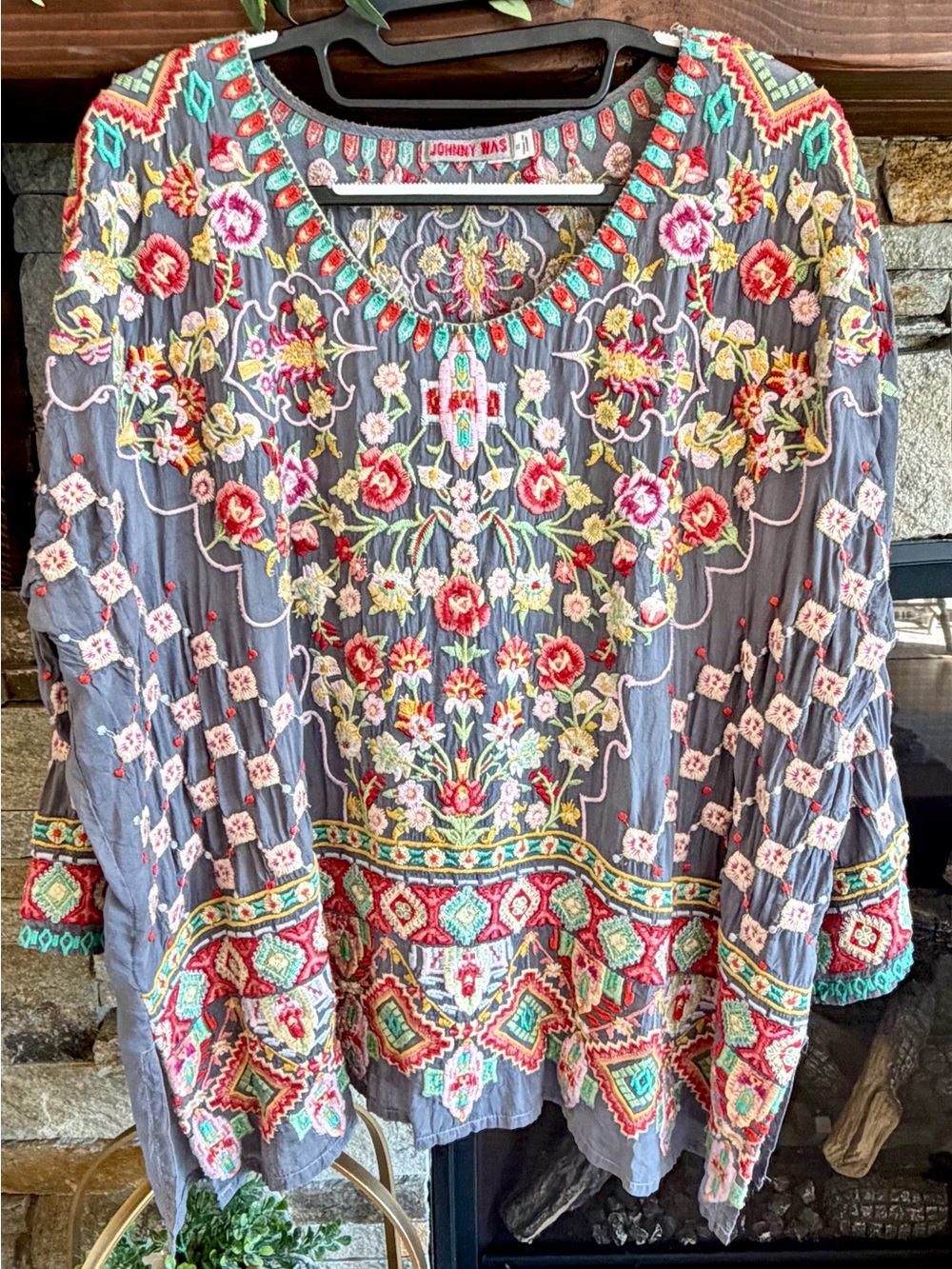 Johnny Was Gray heavily embroidered  silky blouse